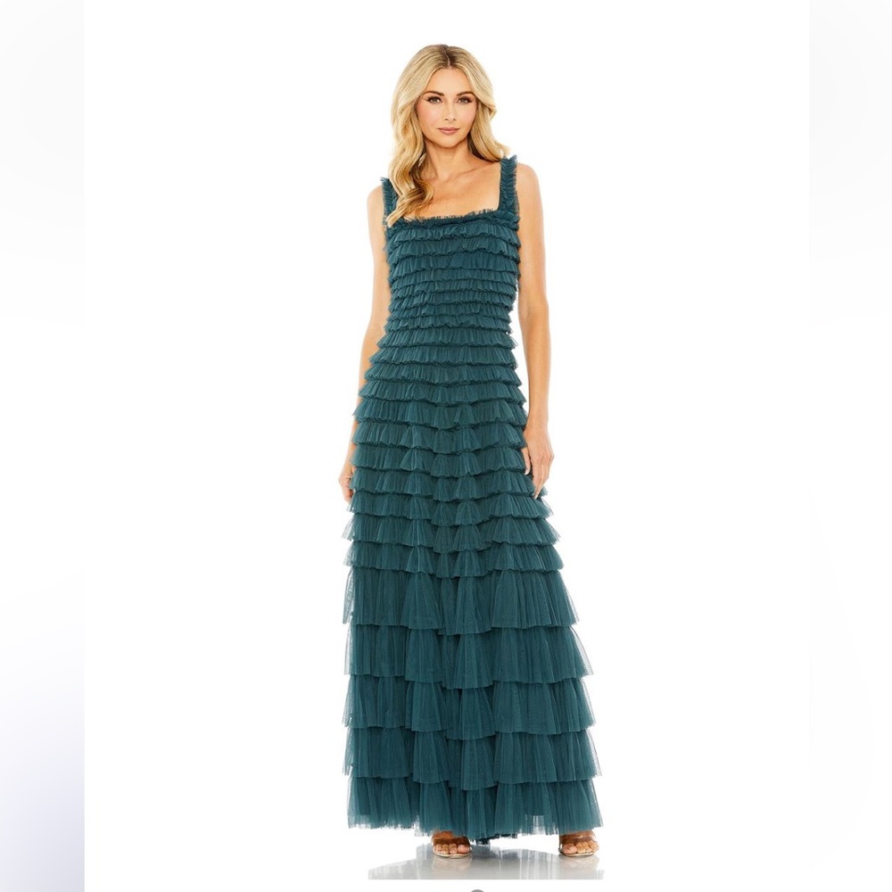Mac Duggal Square-Neck Ruffled Tiered Tulle Formal Ball Gown Teal Green Size 10 - Picture 9 of 15